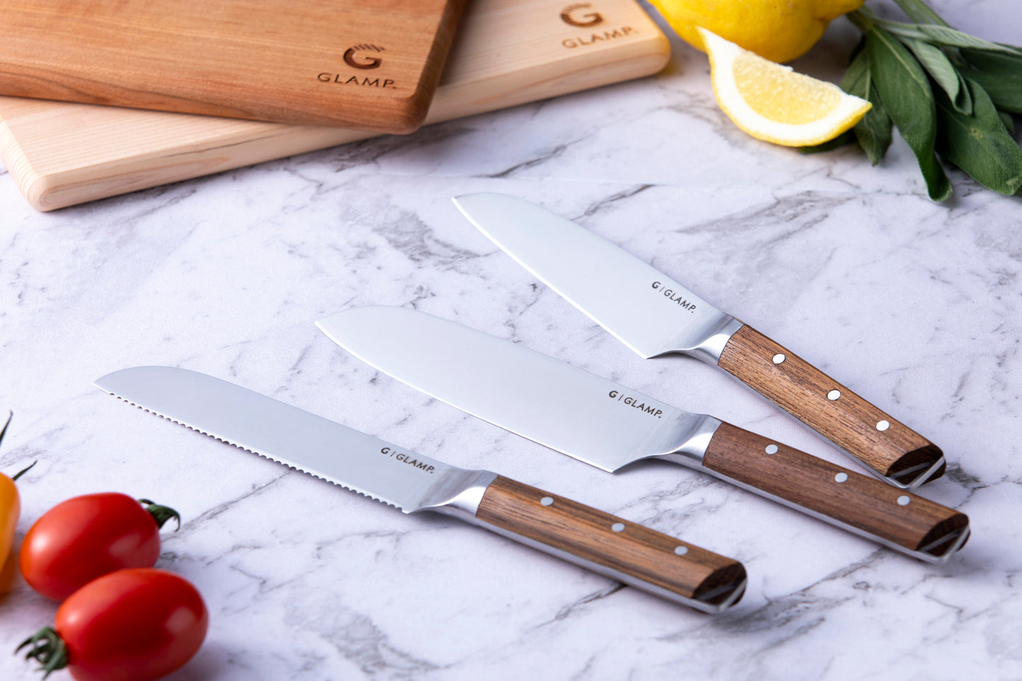 Set of 3 compact knives (Santoku knife + Petty knife + Bread knife) | GLAMP.