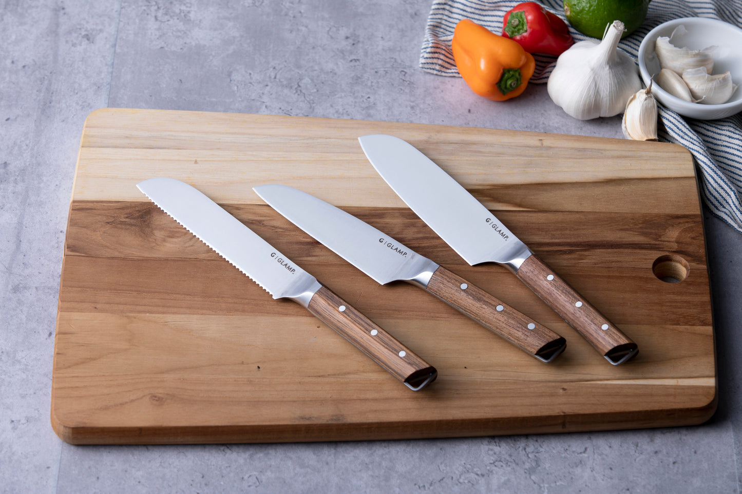 Set of 3 compact knives (Santoku knife + Petty knife + Bread knife) | GLAMP.