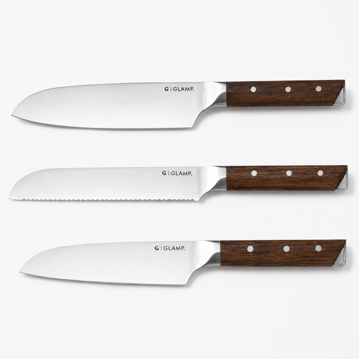Set of 3 compact knives (Santoku knife + Petty knife + Bread knife) | GLAMP.