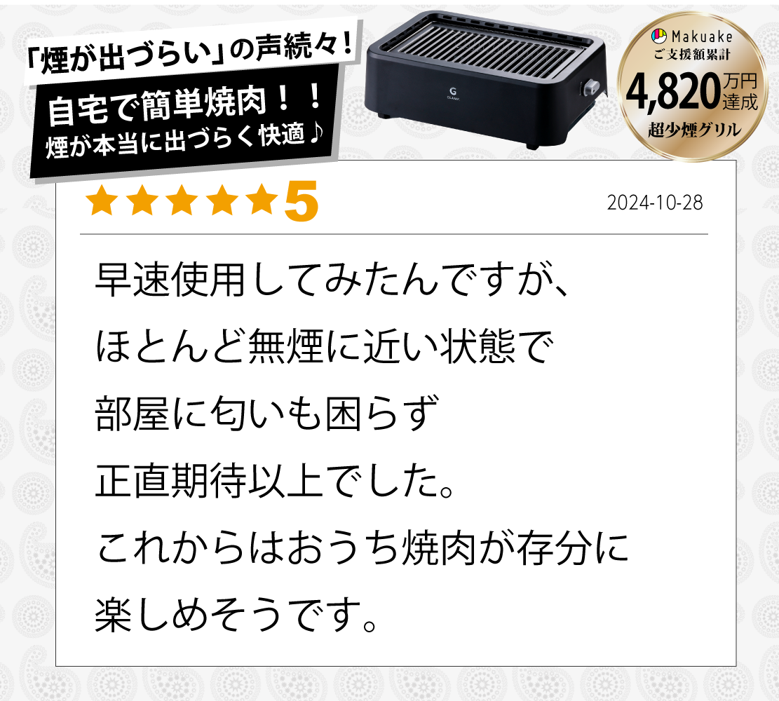 Makuakeにて4820万円突破！】超少煙グリル ブラック ホワイト GLAMP グランプ 煙が少ない スモークレス 賃貸 一人暮らし –  GLAMP.公式ホームページ